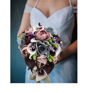 Cascade Bride Bouquet Plum Dusty Blue Silver Lavender - Rose Peonies Berries Hops - Add Groom Boutonniere Bridesmaid Bouquet Corsages & More