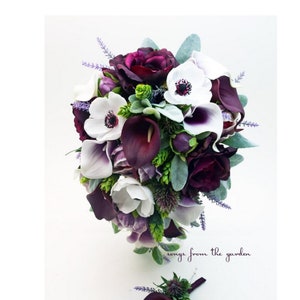 Cascade Bridal Bouquet Real Touch Plum Purple Roses Calla Tiger Lilies –  Songs from the Garden