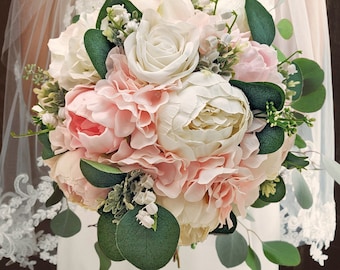 Bridal or Bridesmaid Wedding Bouquet Lily of the Valley Peonies Roses Hydrangea Pink White - Add Groom's Boutonniere Flower Crown and More!