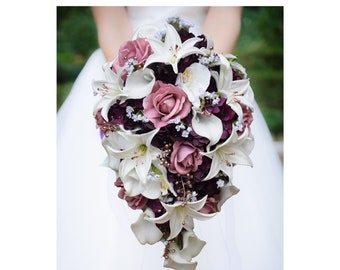 Reserved - Custom Order - Cascade Bridal Bouquet Real Touch Roses, Tiger Lilies - Black Dusty Rose Mauve - Boutonnieres Bridesmaids Bouquets