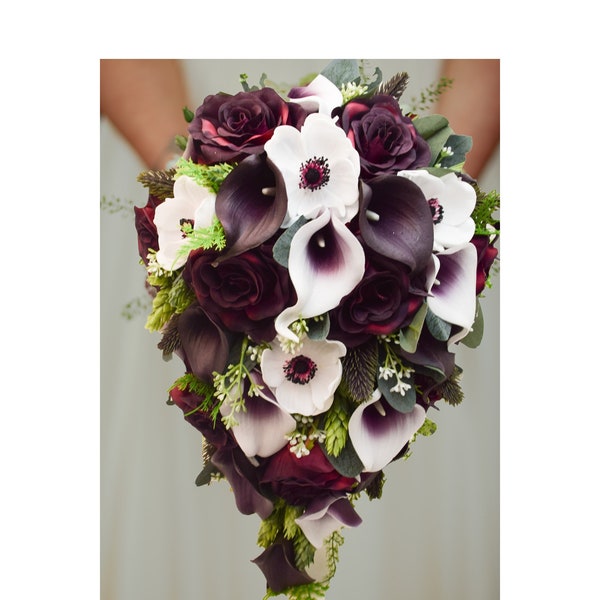 Cascade Bridal Bouquet Real Touch Calla Lilies Anemones - Plum White Rustic Bridal Bouquet - Add Groom Boutonniere Bridesmaid Bouquet & More