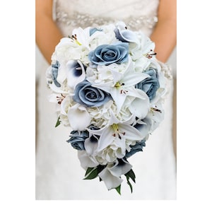 Cascade Bridal Bouquet Navy Blue Callas Dusty Blue Roses Real Touch Tiger Lilies - Add Boutonniere Wedding Centerpiece Flower Crown & More!