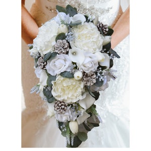 Winter Wedding Cascade Bridal Bouquet Frosted Cones Peonies Tulips Roses - Add Groom Boutonniere Corsage Bridesmaid Bouquet & More!