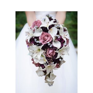 Cascade Bridal Bouquet Real Touch Roses, Tiger Lilies - Plum Dusty Rose Mauve - Add Groom Boutonniere Bridesmaid Bouquet Cake Flowers & More