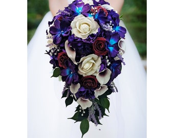 Galaxy Blue Orchid Callas Burgundy Roses Cascade Bridal Bouquet - add a Groom's Groomsmen Boutonniere Bridesmaid Bouquet Wedding Centerpiece