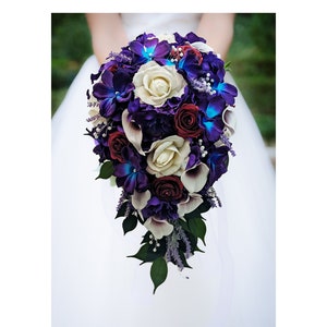 Galaxy Blue Orchid Callas Burgundy Roses Cascade Bridal Bouquet - add a Groom's Groomsmen Boutonniere Bridesmaid Bouquet Wedding Centerpiece