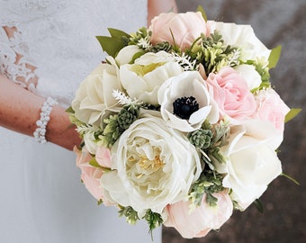 Blush Bridal or Bridesmaid Bouquet Succulents Peonies Cabbage Roses Anemones - Add Groom's Boutonniere Wedding Flower Halo Corsage More!