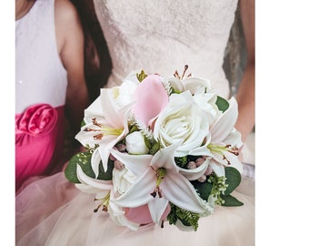 Bridal or Bridesmaid Wedding Bouquet Tiger Lilies Peonies Roses Calla Lilies Blush Pink White - Add Groom Boutonniere Flower Crown and More!