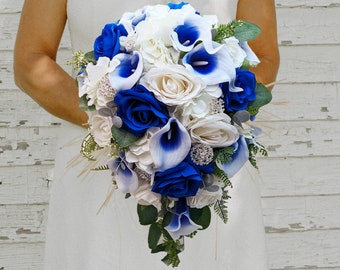 Cascade Bridal Bouquet Silver Blue White - Picasso Callas Real Touch Royal Blue Roses, Rhinestones - Add Groom's Boutonniere Bridesmaid