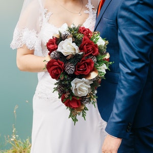 Cascade Winter Wedding Bridal Bouquet Evergreens Red White Bouquet Eucalyptus Pine Frosted Cones Real Touch Roses - add Boutonniere & More!