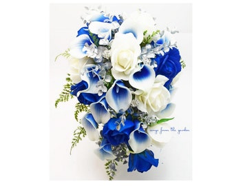 Cascade Bridal Bouquet Silver Blue White - Picasso Callas Real Touch Royal Blue Roses, Rhinestones - Add Groom's Boutonniere Bridesmaid