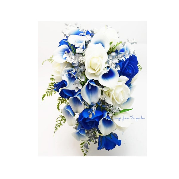 Cascade Bridal Bouquet Silver Blue White - Picasso Callas Real Touch Royal Blue Roses, Rhinestones - Add Groom's Boutonniere Bridesmaid