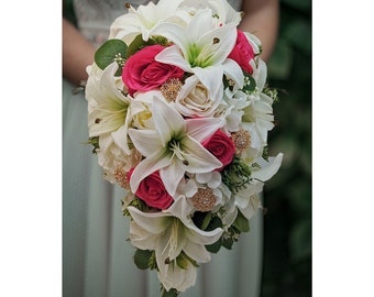 Cascade Bridal Bouquet Tiger Lily Hot Pink Roses Peonies Gold Brooches - Hot Pink Gold Blush Pink and White  - Add Groom Boutonniere & More!