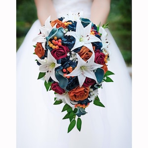 Cascade Bridal Wedding Bouquet Teal Burgundy Burnt Orange with Roses, Tiger Lilies - Add Groom Boutonniere Bridesmaid Bouquet Corsage & More