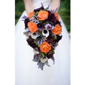 Cascade Fall Wedding Bouquet Orange Real Touch Roses Calla Lilies Plum Roses Gold - Add Groom Boutonniere Corsage Bridesmaid Bouquet & More!