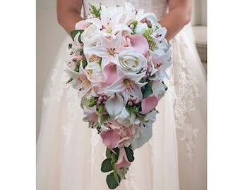 Cascade Bridal Bouquet Blush Tiger Lily Pink Roses Peonies Calla Lilies - Blush Pink White  - Add Bridesmaid Bouquet Groom Boutonniere More!