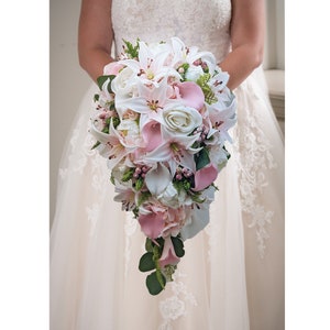 Cascade Bridal Bouquet Blush Tiger Lily Pink Roses Peonies Calla Lilies - Blush Pink White  - Add Bridesmaid Bouquet Groom Boutonniere More!