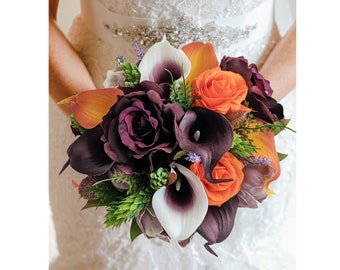 Reserved - Custom Order - Plum & Orange Bridal Bridesmaid Bouquet Calla Lilies Roses Peonies Hops - Arch Flowers Corsages Boutonnieres