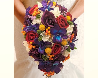 Cascade or Round Bridal Bouquet - Red Orange Yellow Purple Blue Bouquet - Add Boutonniere Bridesmaid Bouquet Cake Flowers Crown and More!