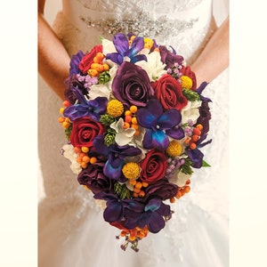 Cascade or Round Bridal Bouquet - Red Orange Yellow Purple Blue Bouquet - Add Boutonniere Bridesmaid Bouquet Cake Flowers Crown and More!