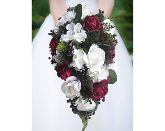 Winter Wedding Cascade Bridal Bouquet Real Touch Roses, Evergreens, Cones, Eucalyptus - Burgundy White Green - Add Groom Boutonniere & More!