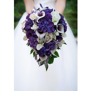 Galaxy Blue Orchid Callas Purple Roses White Roses Cascade Bridal Bouquet - add a Groom&#39;s Groomsmen Boutonniere Bridesmaid Bouquet More!
