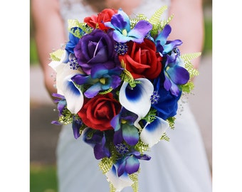 Cascade Bridal Bouquet - Red Purple Blue and White - Roses Galaxy Orchids Callas Rhinestones - Add Groom's Boutonniere - Tropical Wedding