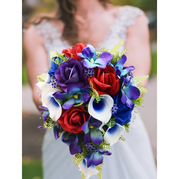 Cascade Bridal Bouquet - Red Purple Blue and White - Roses Galaxy Orchids Callas Rhinestones - Add Groom's Boutonniere - Tropical Wedding
