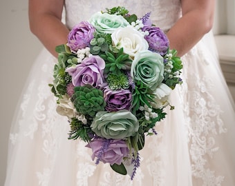 Cascade Bridal Bouquet Mint Lilac Lavender Succulents Greenery - Add Groom Boutonniere Bridesmaid Bouquet Corsage Flower Crown & More