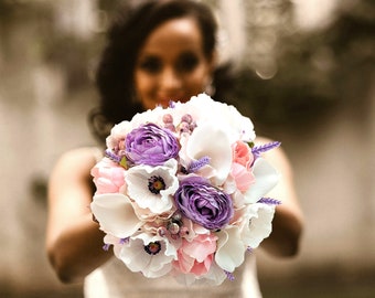 Spring Wedding Bridal or Bridesmaid Bouquet Anemone Ranunculus Peony Calla - add a Groom's Boutonniere Corsage Wedding Flower Crown & More!