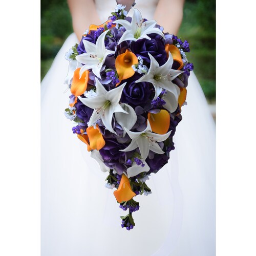 21Piece Bridal Bouquet Package Wedding Flower Orange Purple Hydrangea Tiger Lily 