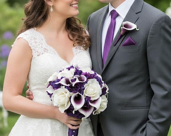 Bridal Bridesmaid Prom Wedding Bouquet in Purple White - add Boutonniere Corsage Flower Crown More!