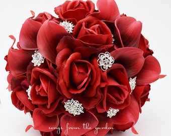 Red Roses Calla Lilies & Rhinestones Bridal Bouquet Real Touch Red Callas Red Roses - Wedding Bouquet Boutonniere Add Cake Flowers and More!
