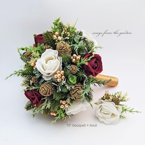 Faux Bridal Bouquet Winter Wedding Burgundy Gold White Pine Cones Eucalyptus Roses - add a Groom&#39;s Boutonniere Bridesmaids Bouquet More!