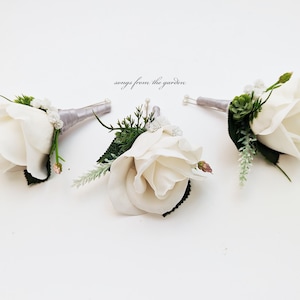 Hops & White Real Touch Rose Boutonniere Buttonhole Groom Groomsmen - Customize For Your Wedding Colors - Wedding Prom Boutonniere