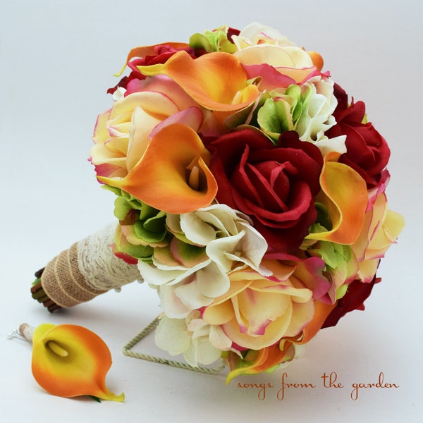 Autumn Wedding Bridal Bouquet Groom's Boutonniere Confetti Red Real Touch Roses Calla Lily Fall Bouquet - Add Corsage Flower Crown and More!