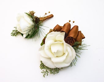 Winter Boutonniere or Corsage  - White Real Touch Rose Pinecone Pine Juniper Accents - Wedding Prom Homecoming Boutonniere