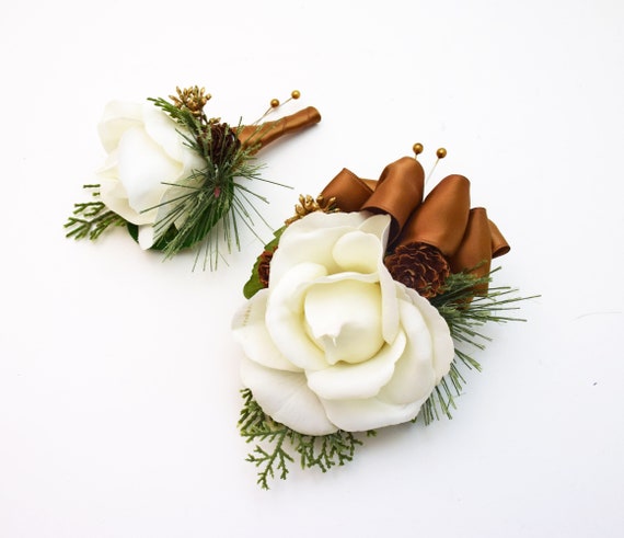 Wedding Christmas Corsage Red Gold Wedding Wrist Corsage Red Bridesmaids  Burgundy Corsage Pine Cone Winter Artificial Flowers 