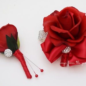 Red Rose Corsage with Rhinestones Real Touch Rose Wedding Boutonniere Wedding Corsage Mother of the Bride Father Flowers Prom Corsage