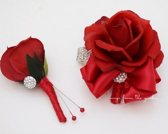 Red Rose Corsage with Rhinestones Real Touch Rose Wedding Boutonniere Wedding Corsage Mother of the Bride Father Flowers Prom Corsage