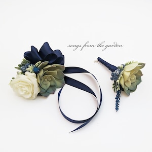 White Navy Succulents + Rose Wedding Boutonniere & Corsage with Navy Baby's Breath Accents - Wedding Homecoming Prom Corsage