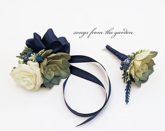 White Navy Succulents + Rose Wedding Boutonniere & Corsage with Navy Baby's Breath Accents - Wedding Homecoming Prom Corsage