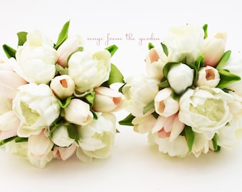 Real Touch Tulips and Peonies - Bridesmaids Bouquets Groomsmen Boutonnieres - Choose Your Ribbon Color