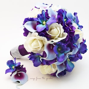 Galaxy Orchid Calla Rose Bridal or Bridesmaid Bouquet - add Groom Groomsmen Boutonniere - Tropical Beach Wedding - Add Corsage Cake Flowers