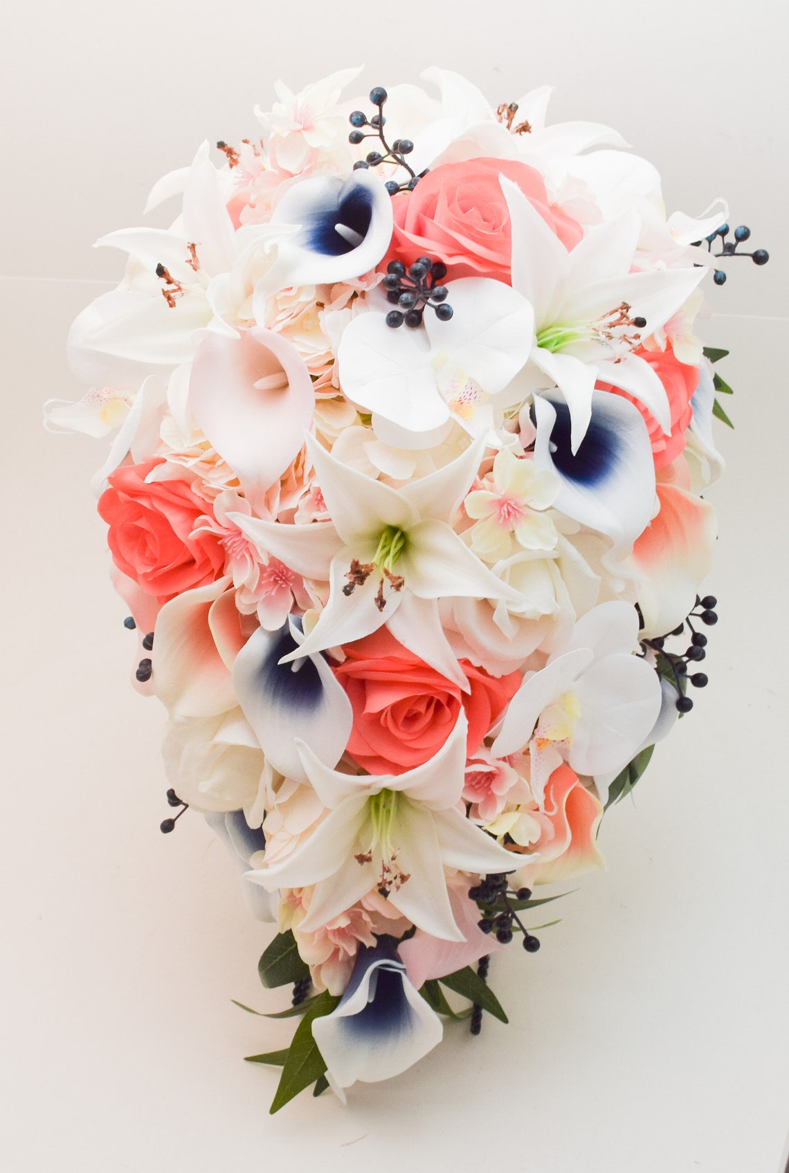 Cascade Bridal Bouquet Real Touch Rose Tiger Lily Cherry image 2
