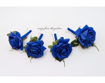 Royal Blue Rose Boutonnieres -  Groom Groomsmen Boutonnieres Wedding Prom Homecoming Boutonniere - Wedding Flowers