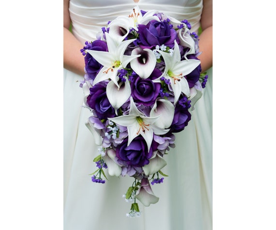 Cascade Wedding Bouquet With Picasso Callas, Real Touch Purple Roses, Tiger  Lilies, Lavender Hydrangea Add a Groom's Boutonniere and More 