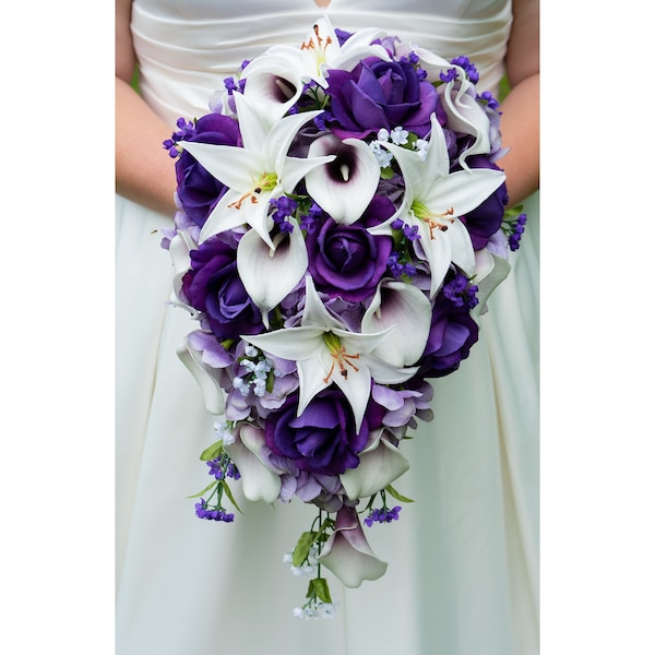 Cascade Wedding Bouquet with Picasso Callas, Real Touch Purple Roses, Tiger Lilies, Lavender Hydrangea - Add a Groom's Boutonniere and More!