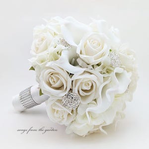 White Rose Calla Bridal or Bridesmaid Bouquet Prom Roses Rhinestones Brooches add Groom or Groomsmen Boutonniere Corsage Cake Flowers More!