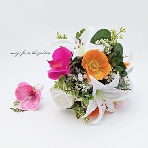Tropical Wedding Bouquet Orange Fuchsia Green White Tiger Lilies Orchids Succulents Roses Add Boutonniere Flower Crown Cake Flowers & More!